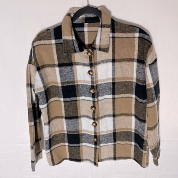 Women’s Tan Brown White Plaid Flannel Button Up Short Shacket S - Picture 1 of 14